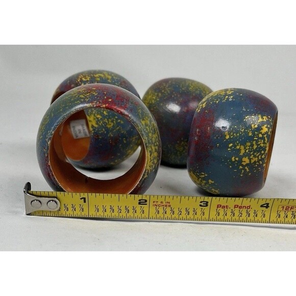 Set of 4 Boho Splatter Paint Multicolor Lacquered Wooden Napkin Rings Colorful - Picture 10 of 10